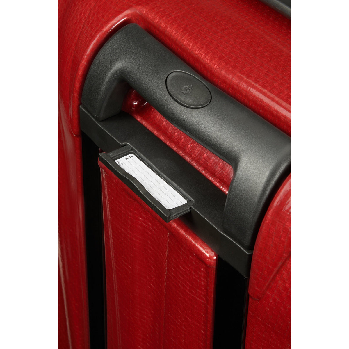 Close-Up Image of Samsonite Red C-Lite Spinner Large Luggage with integrated luggage id tag