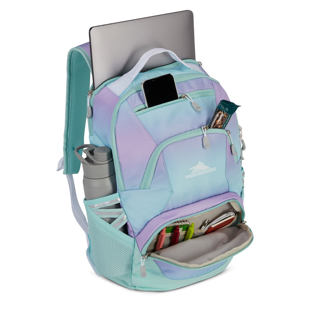 High Sierra BTS Swoop SG Backpack in the color Linear Ombre Purple/Blue.