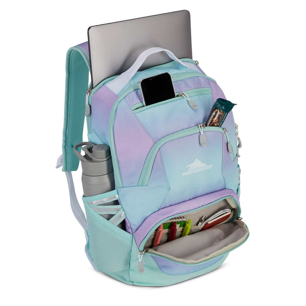 High Sierra BTS Swoop SG Backpack in the color Linear Ombre Purple/Blue.