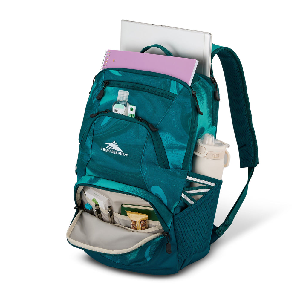 High Sierra BTS Swoop SG Backpack in the color Teal Marble Swirl.