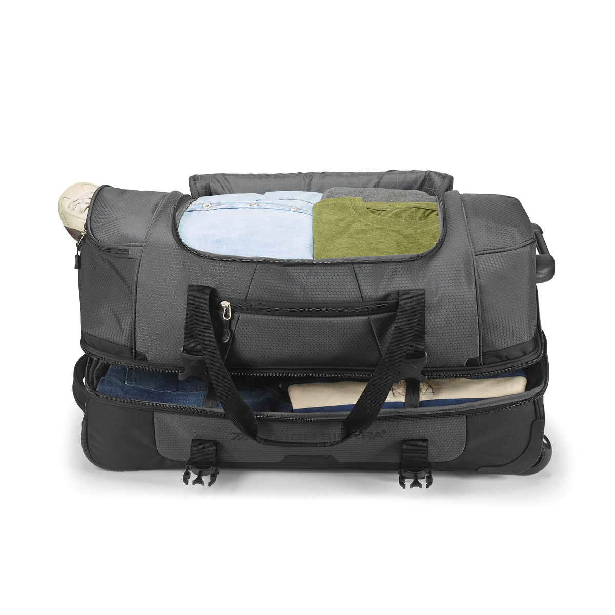 High Sierra Fairlead 28" Drop Bottom Duffle in the color Mercury/Black.