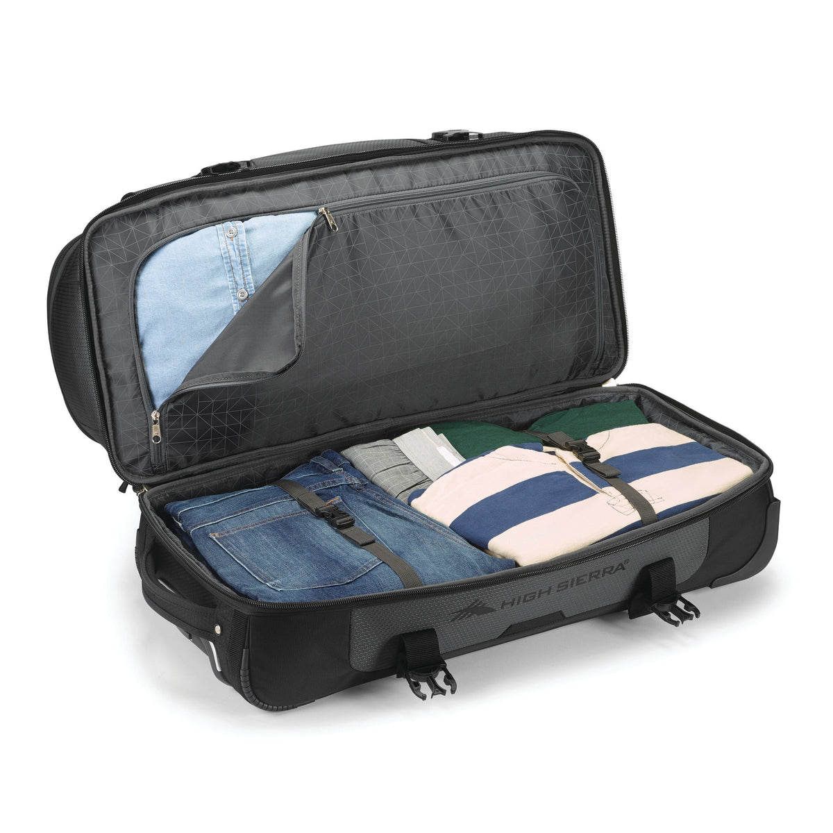 High Sierra Fairlead 34" Drop Bottom Duffle in the color Mercury/Black.