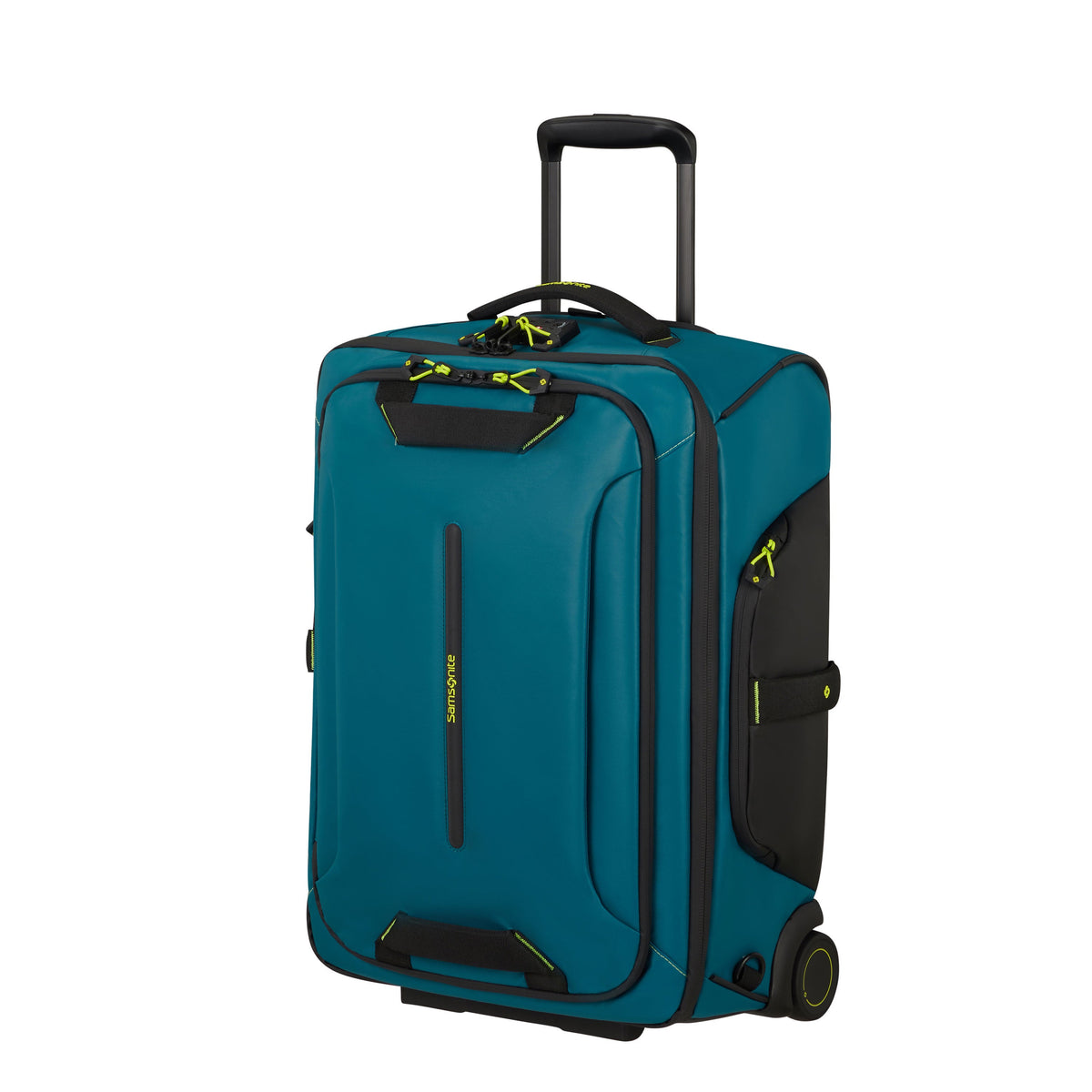 Samsonite Prodiver Wheeled Duffle Backpack (55/20) in the color Petrol Blue/Lime.