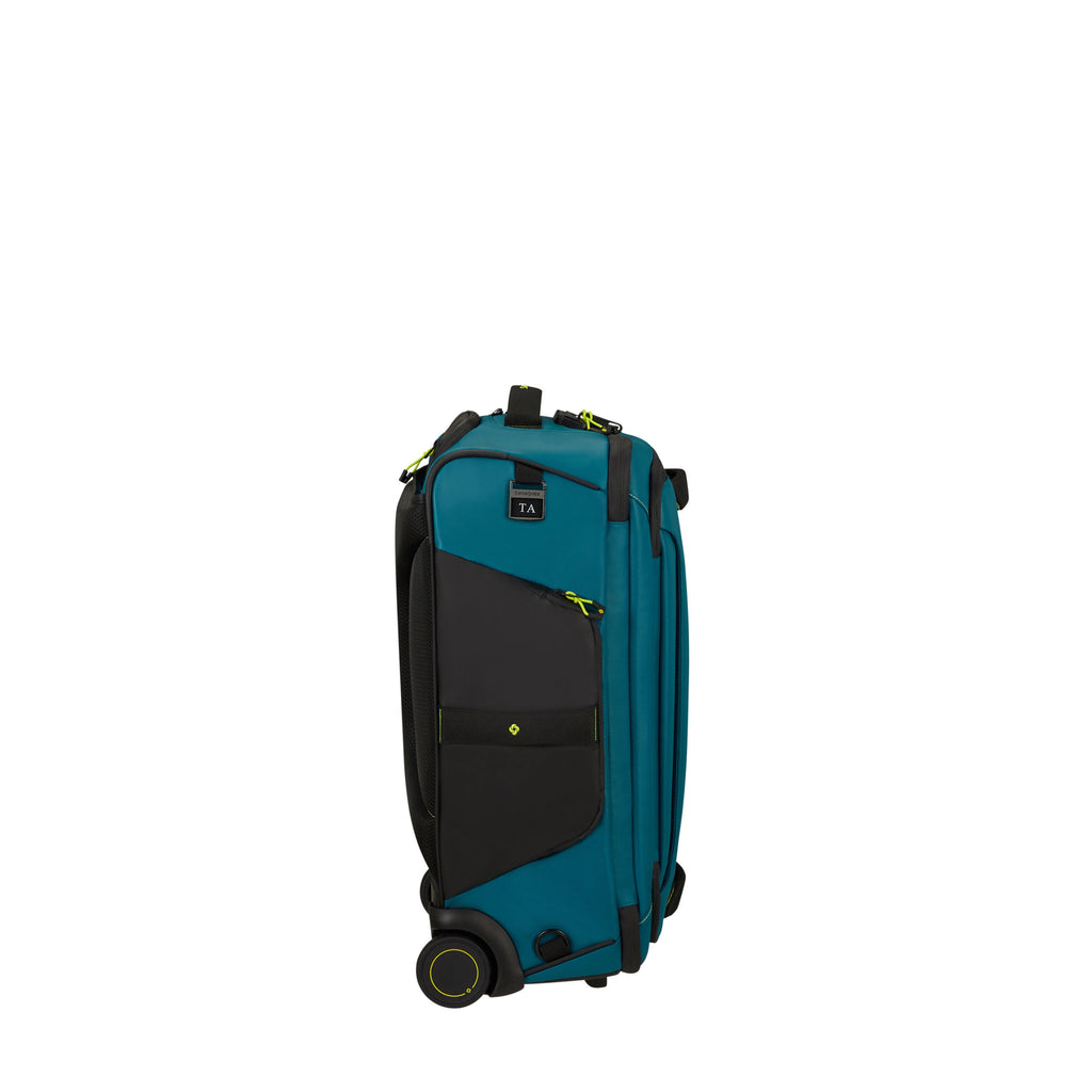 Samsonite Prodiver Wheeled Duffle Backpack (55/20) in the color Petrol Blue/Lime.