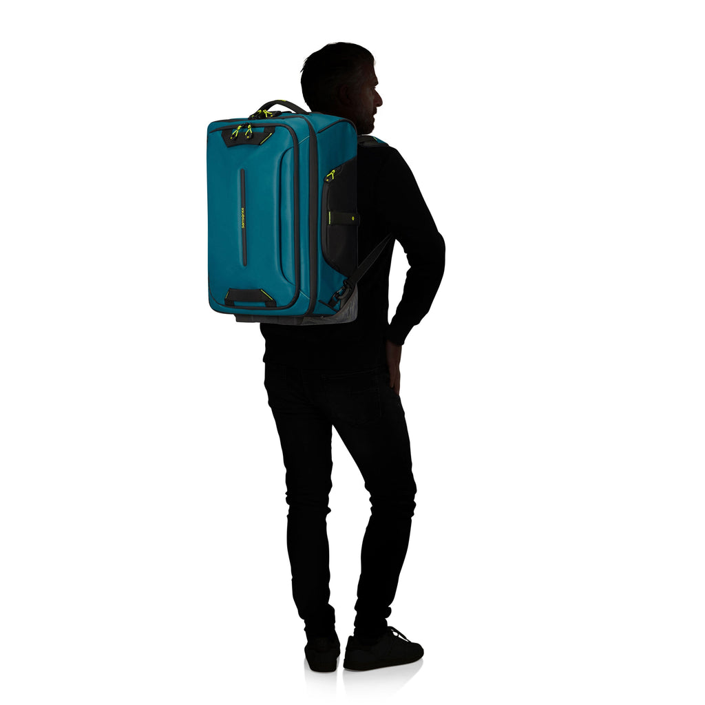 Samsonite Prodiver Wheeled Duffle Backpack (55/20) in the color Petrol Blue/Lime.
