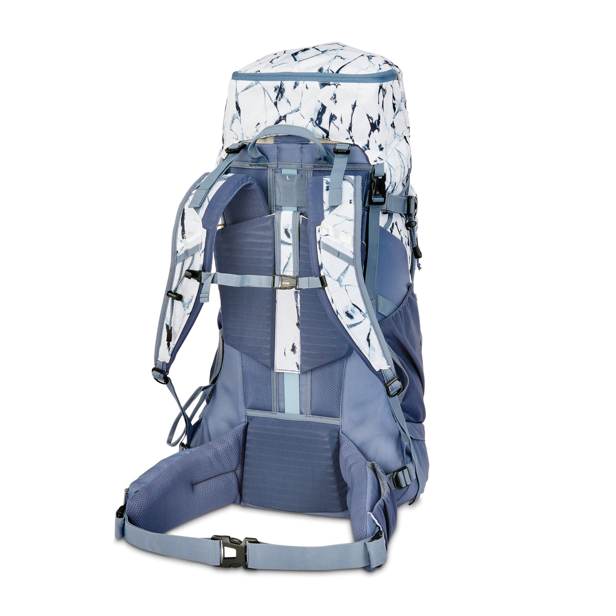 High Sierra Pathway 2.0 Women 60L Frame Pack in the color White Cracked Ice/Grey Blue.