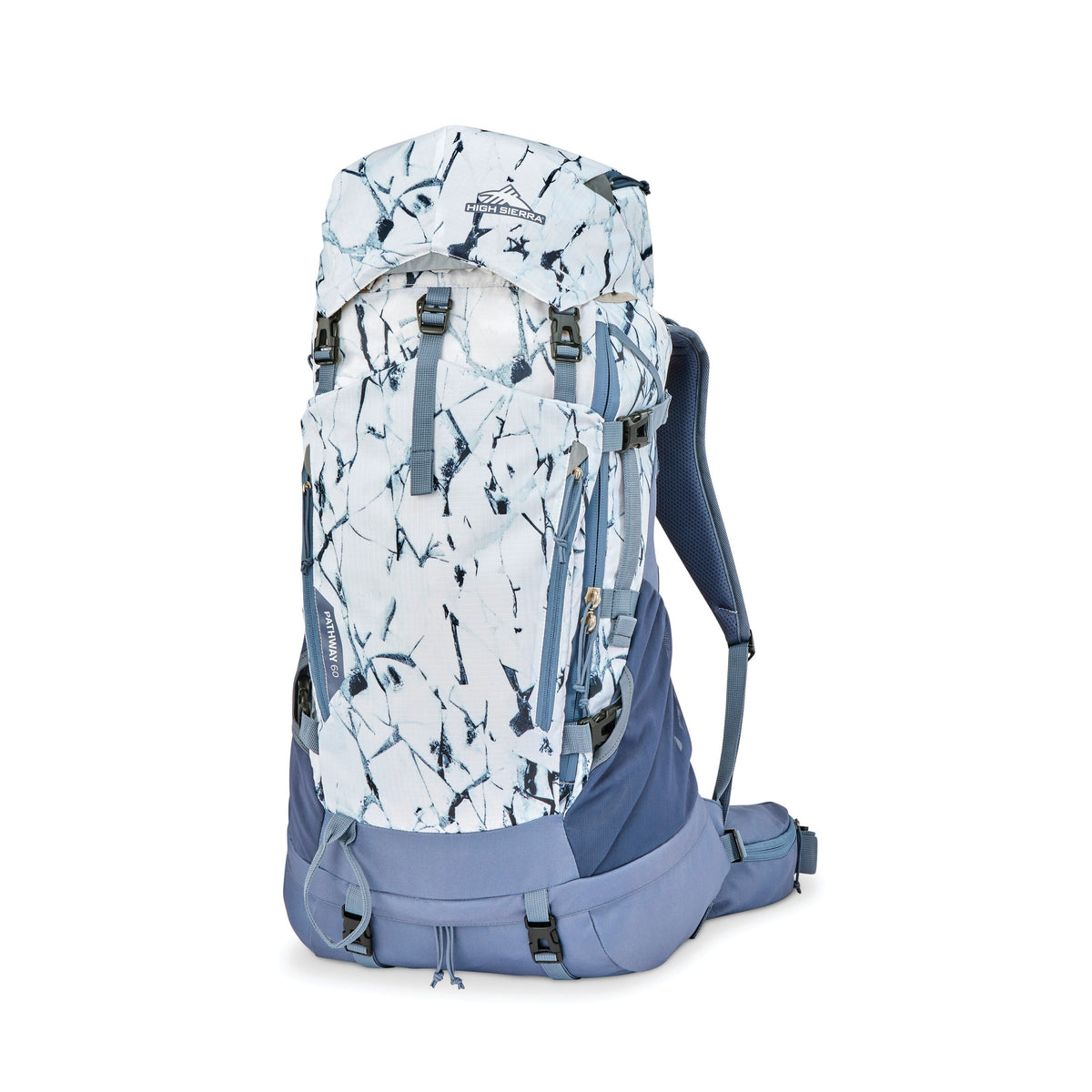 High Sierra Pathway 2.0 Women 60L Frame Pack in the color White Cracked Ice/Grey Blue.