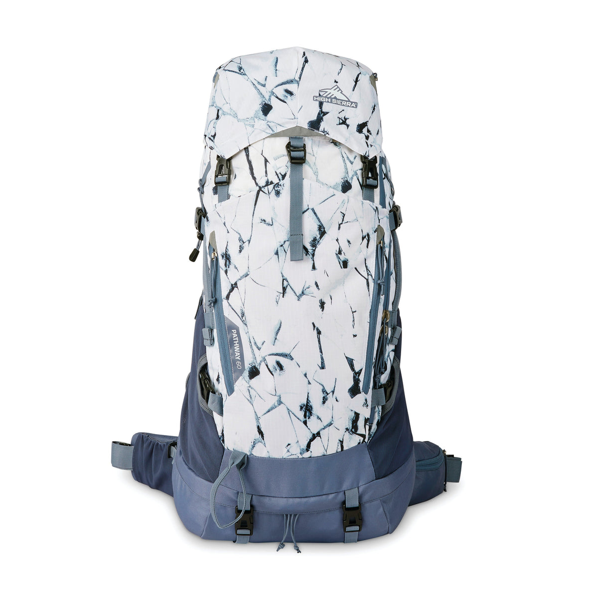High Sierra Pathway 2.0 Women 60L Frame Pack in the color White Cracked Ice/Grey Blue.