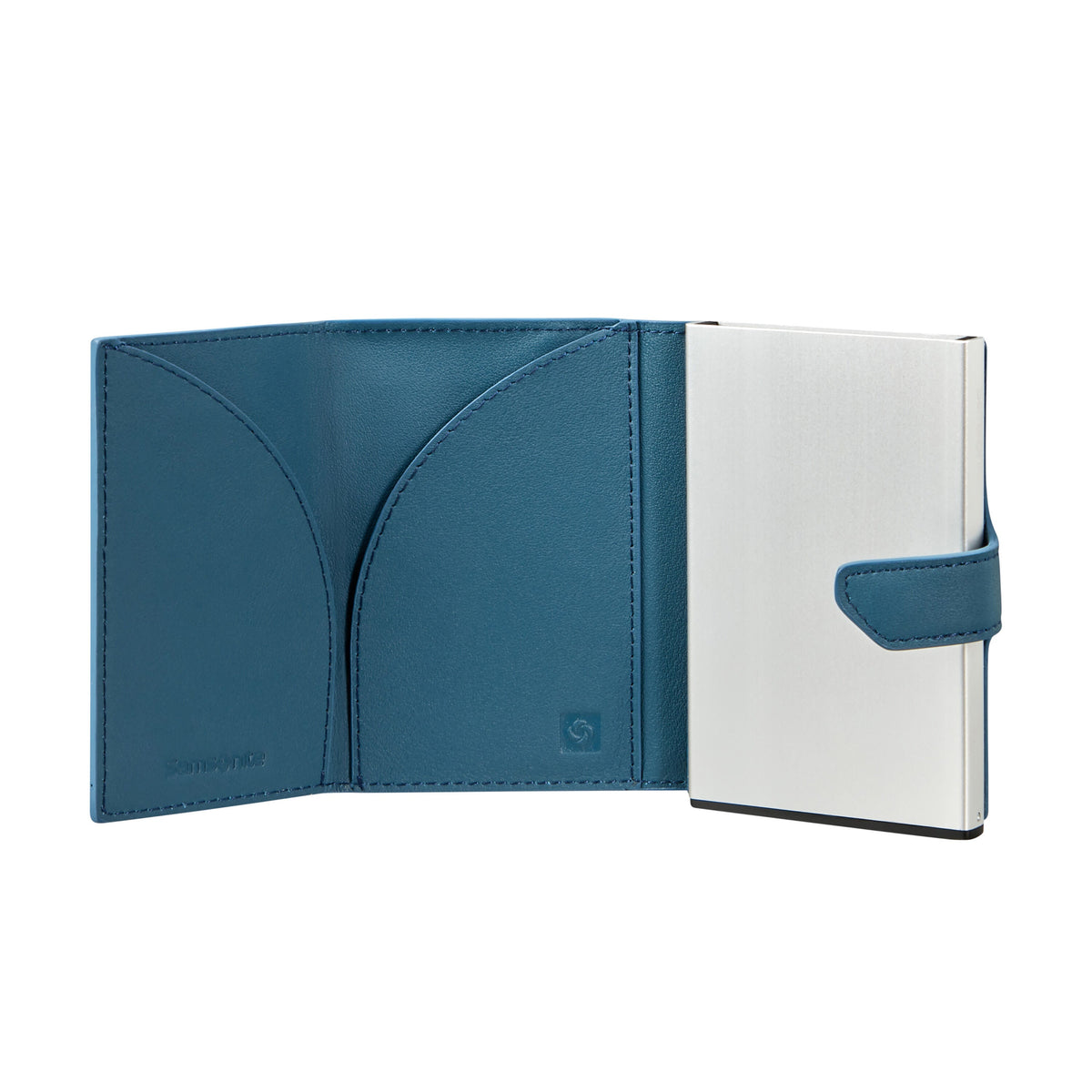 Samsonite Alu Fit X Proxis Slide-Up Wallet in the color Petrol Blue.