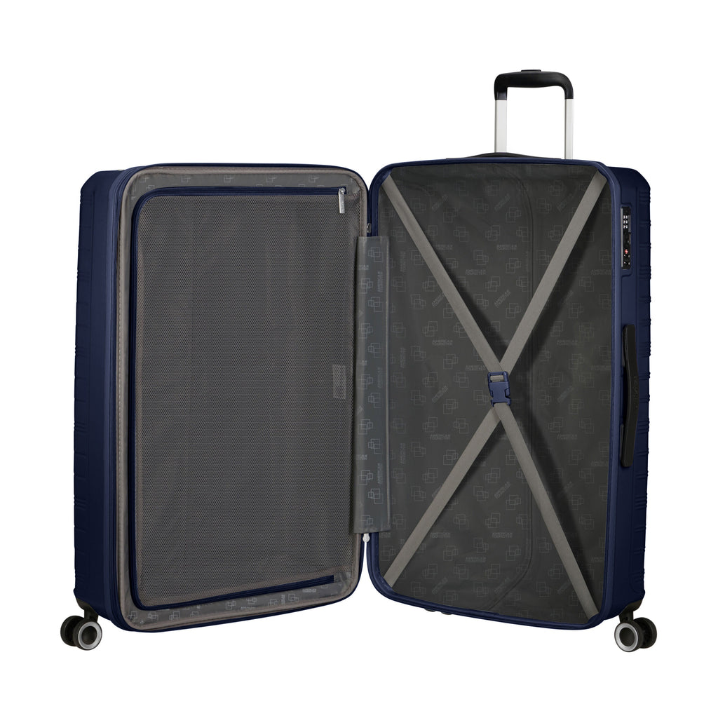 American Tourister Surftime Spinner Large in the color Metallic Blue.
