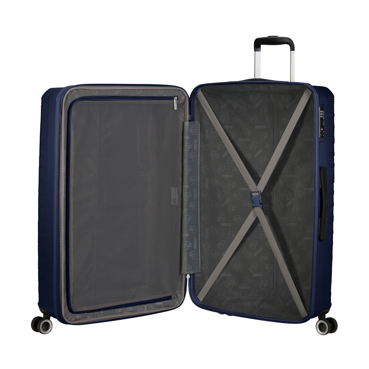 American Tourister Surftime Spinner 3 Piece Set (CO/M/L) in the color Metallic Blue.