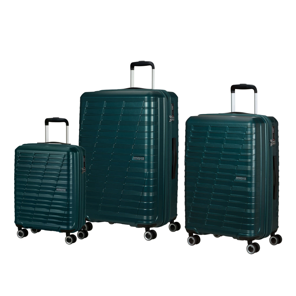 American Tourister Surftime Spinner 3 Piece Set (CO/M/L) in the color Metallic Teal.