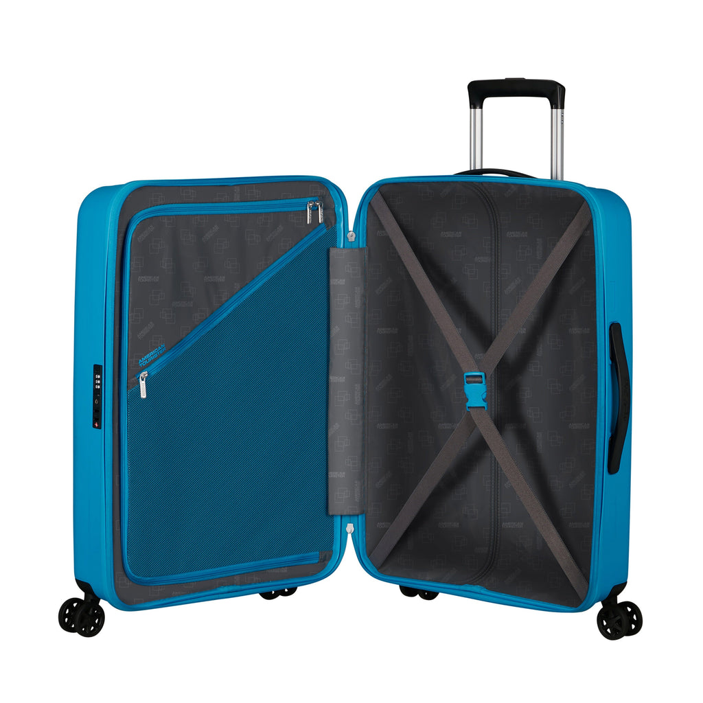 American Tourister Rejoy Spinner Medium in the color Azure Blue.