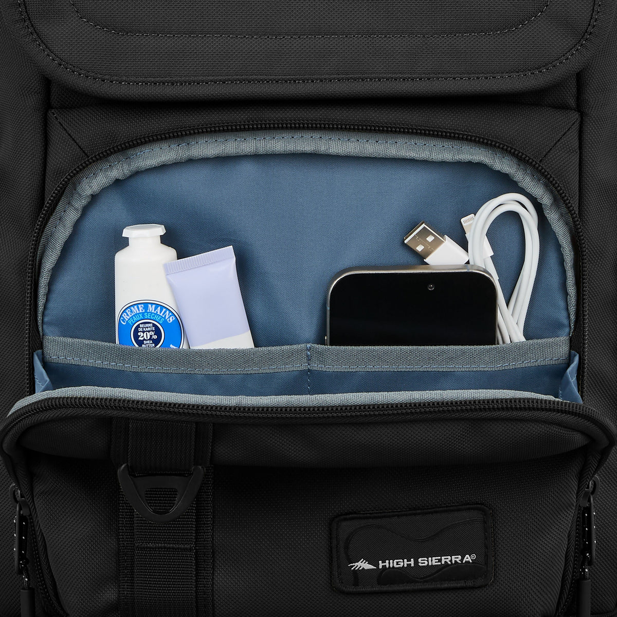 High Sierra Lineage Flap Backpack in the color Black.