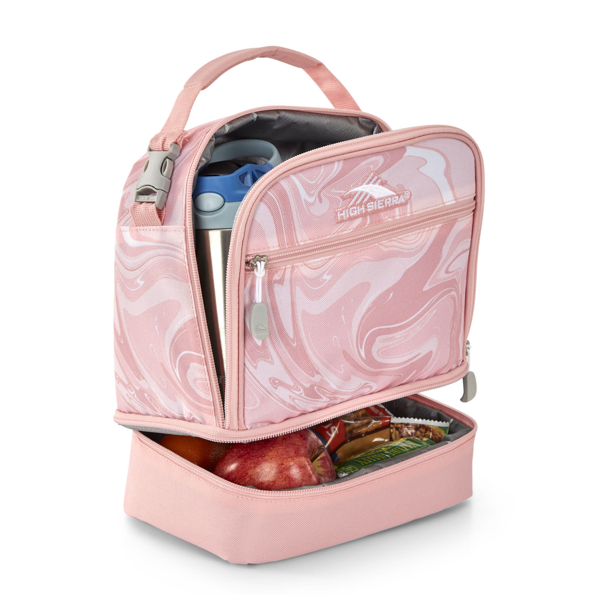 High Sierra Lunch Bags Stacked Compartment Lunch Kit in the color Clearance | Pink Marble/Bubblegum Pink.